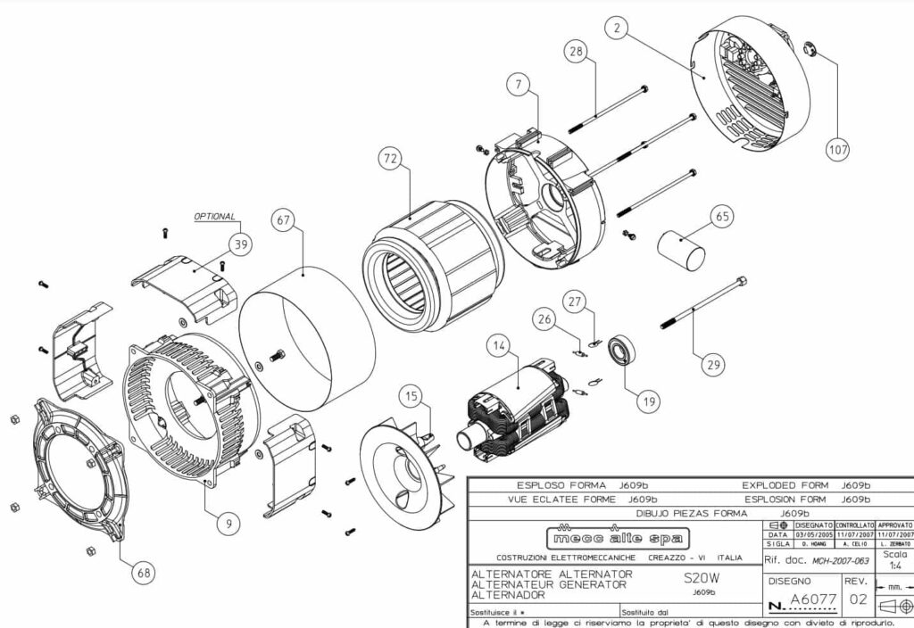 Phụ tùng củ phát điện S20W 2 cực 1 pha Mecc Alte S20W